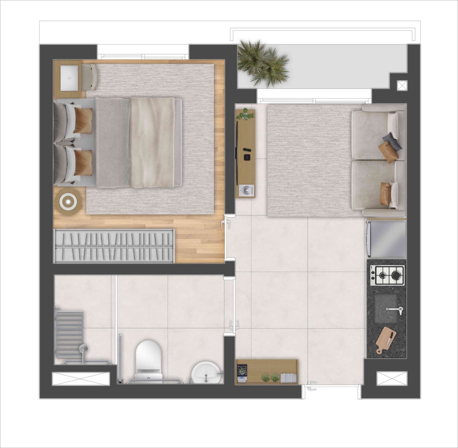 Planta do apartamento de 1 dormitório de 31 m² do Sync Campo Belo (imagem ilustrativa)